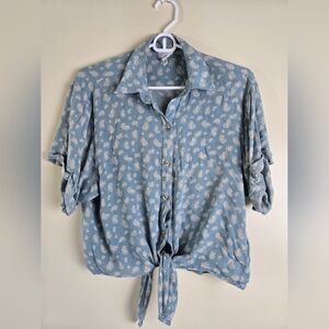 Skylar + Madison Blue Blouse with Cream Leaf Pattern Tied-up In Front Size S